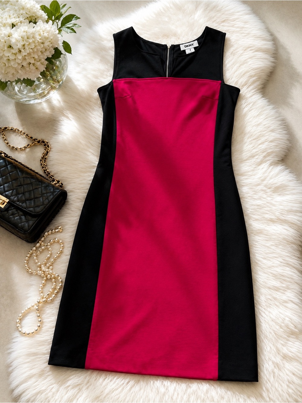 DKNY Cherry Red & Black Color-Block Sheath Dress โ Size S